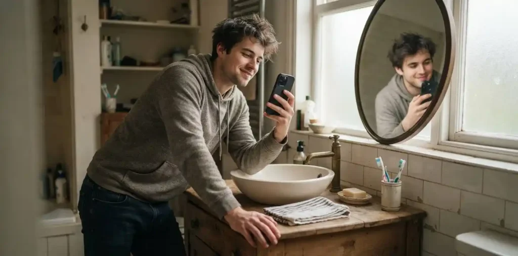 Person taking a relaxed selfie beside bathroom sink