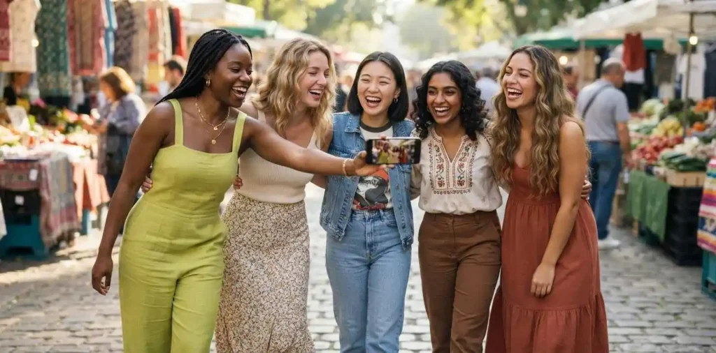 Friends posing together for a cheerful selfie