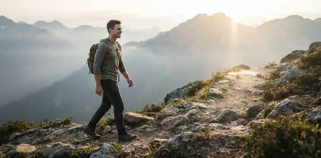 Man walking forward on a mountain trail