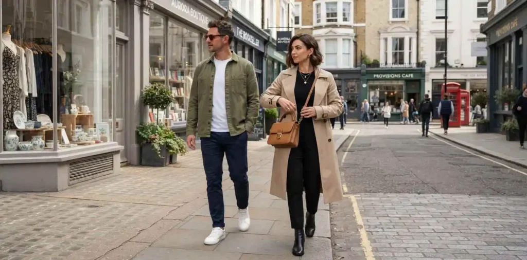 Stylish woman walking through London fashion district