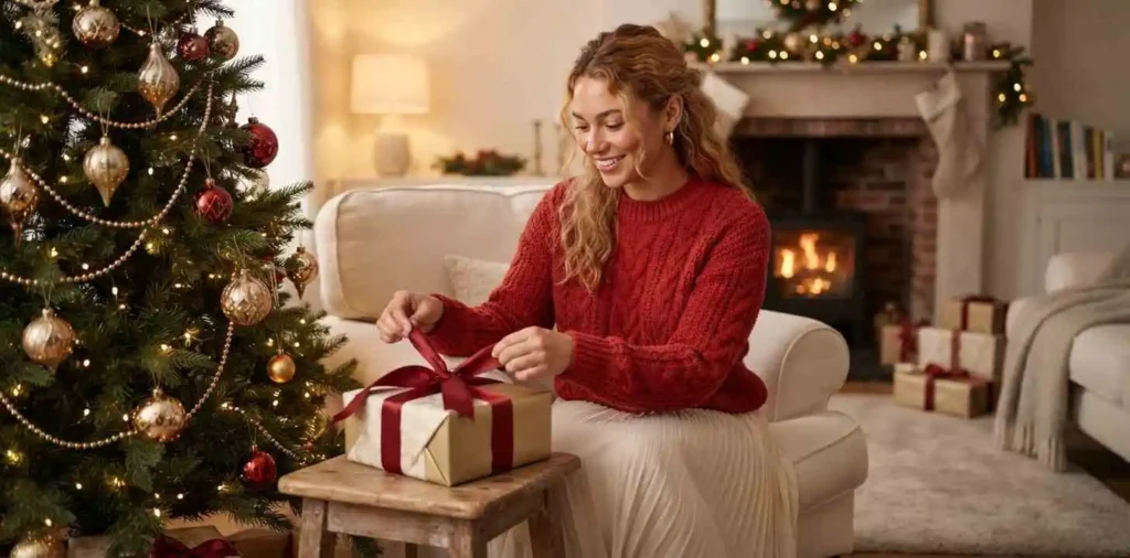 Woman in a red sweater enjoying a cozy Christmas evening