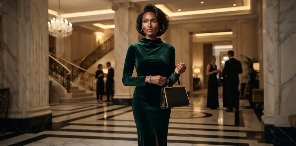 Stylish woman walking confidently through city street