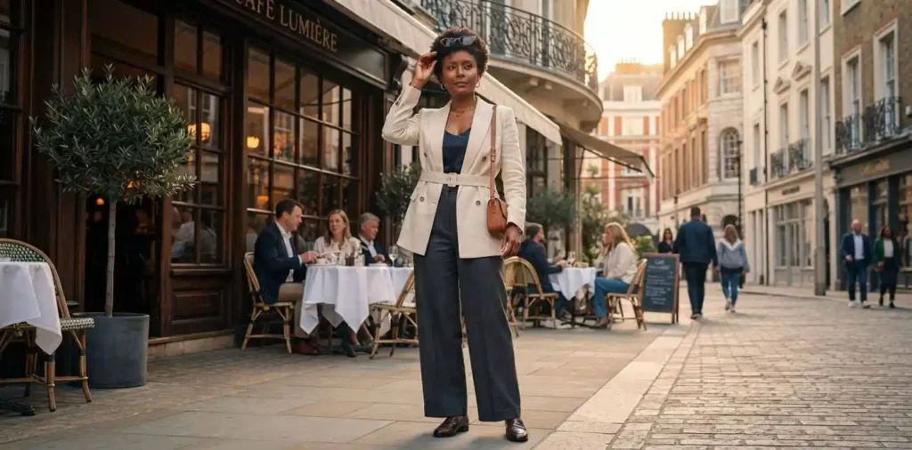 Stylish woman posing outside an elegant city café