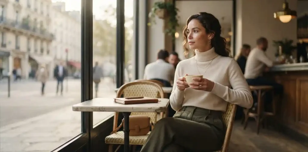 Woman showing quiet confidence in elegant outfit