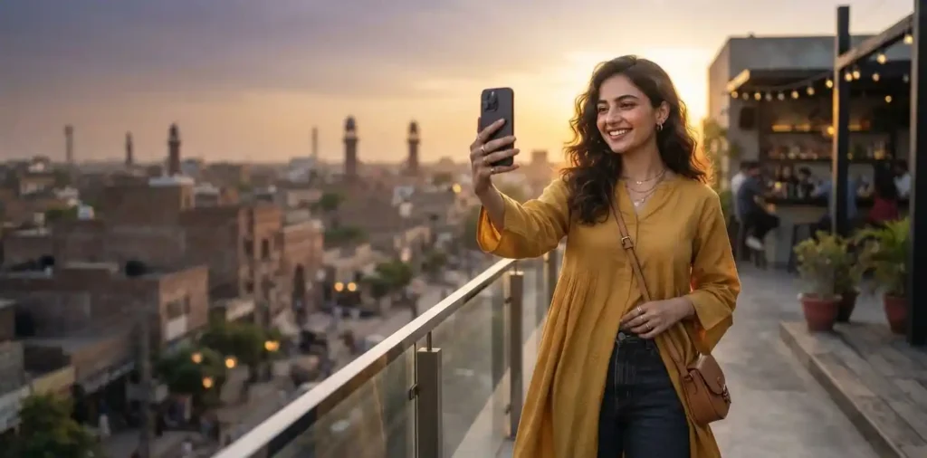 Confident woman smiling during a solo outdoor selfie