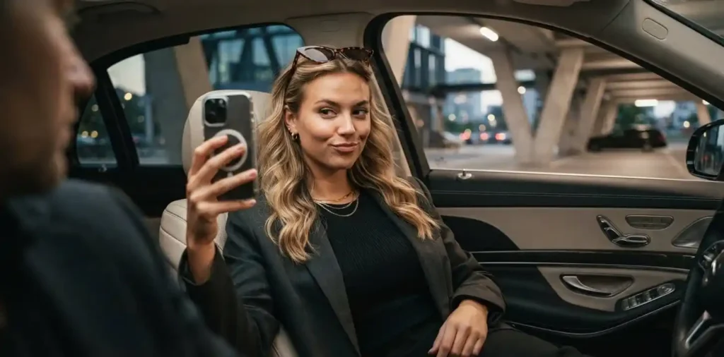 Confident woman taking selfie inside luxury car