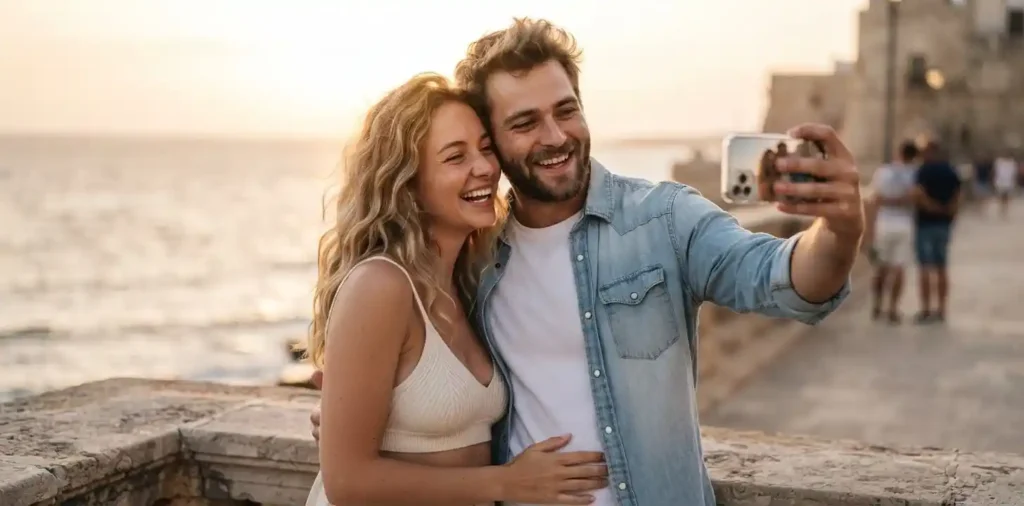 Couple sharing a romantic selfie at sunset