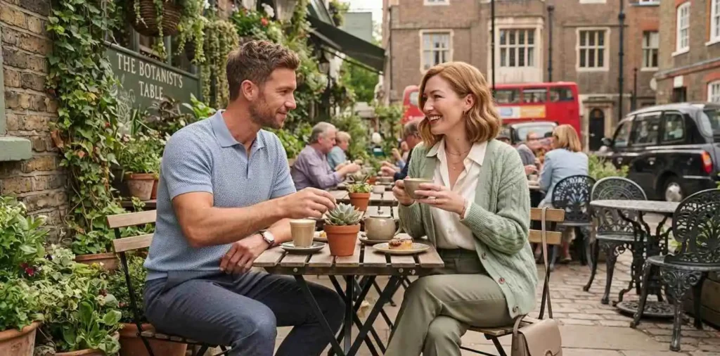 Young couple enjoying a green garden café