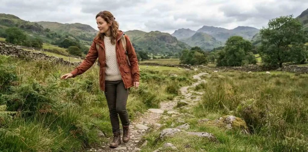 Woman exploring a lush countryside landscape