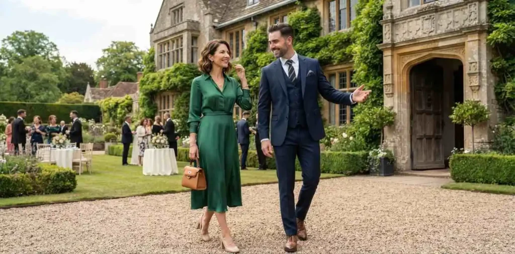 Elegant couple dressed for formal London evening