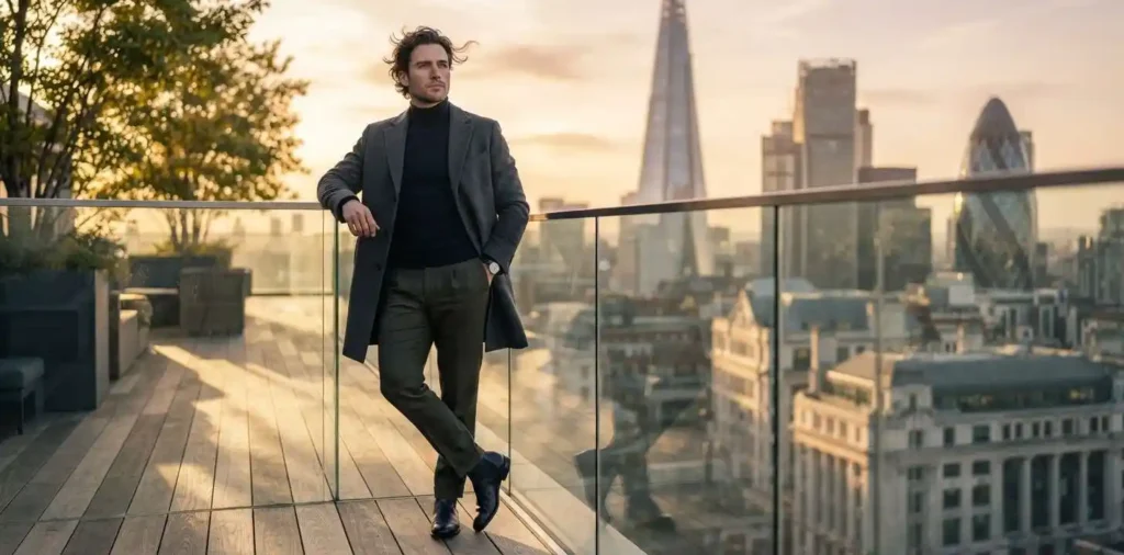 Man overlooking city skyline with confident expression