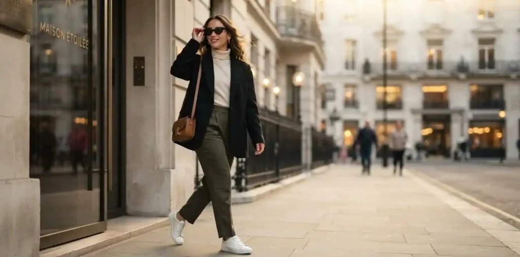 Stylish woman posing confidently beside luxury architecture