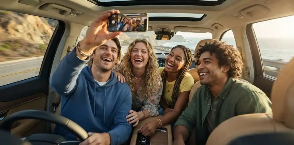 Friends laughing together during a car ride