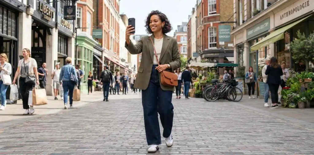 Adult woman taking stylish selfie outdoors
