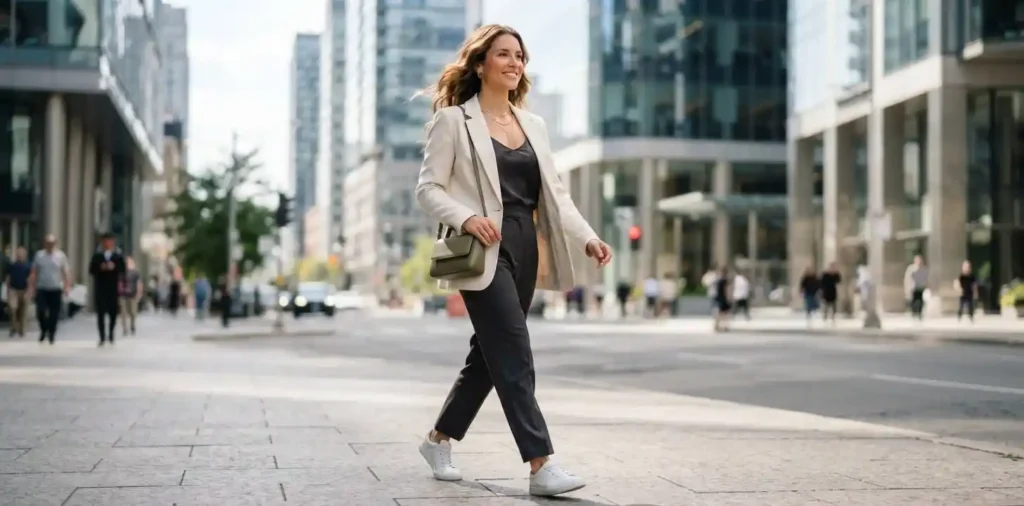 Woman walking confidently through a bright city
