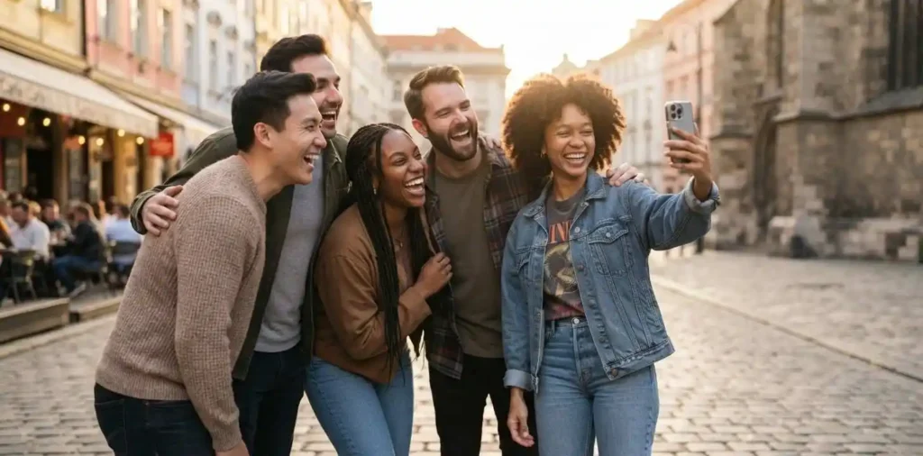 Friends laughing together during a city outing