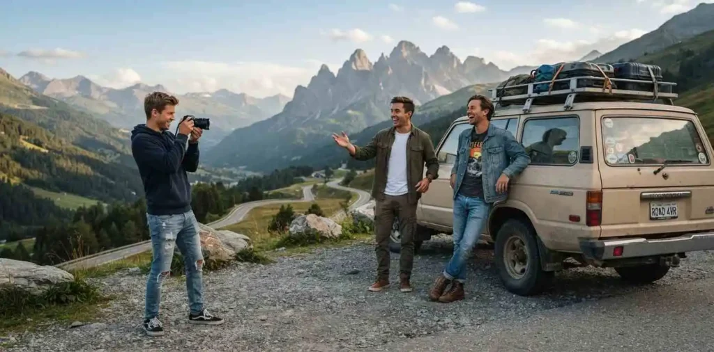 Friends enjoying a scenic road trip through mountains