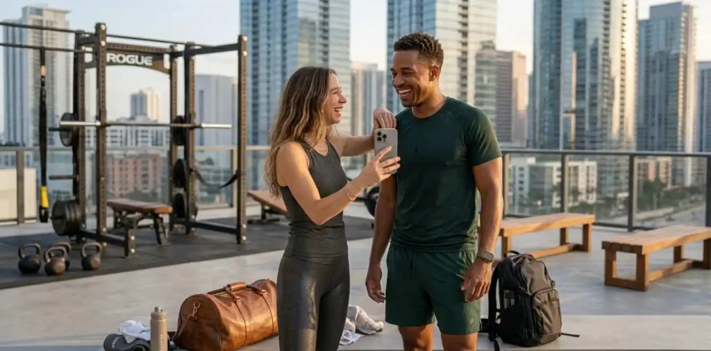 Workout partners laughing together at gym