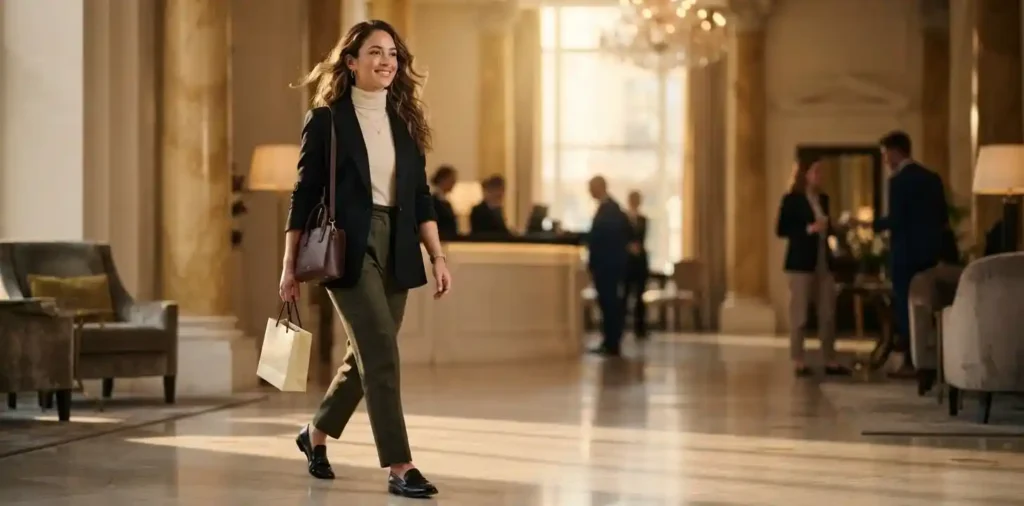 Confident woman walking through luxury hotel lobby