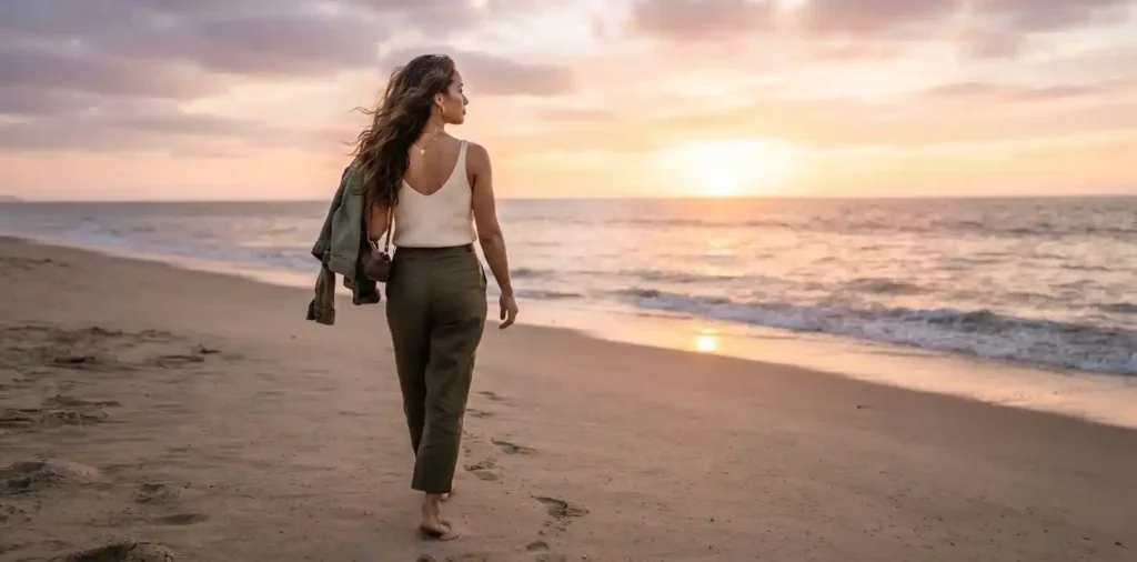 Woman walking forward beside a quiet beach