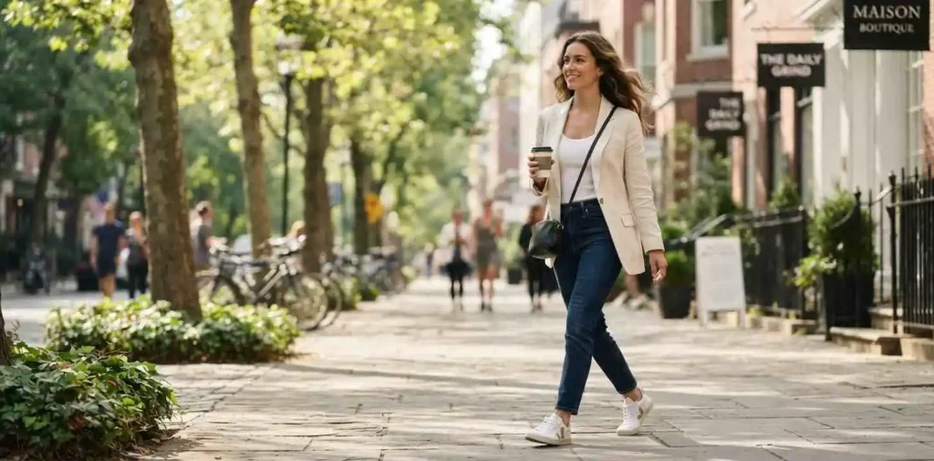 Confident woman enjoying a solo city walk