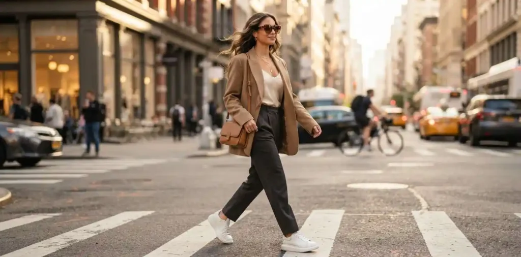 Confident woman walking through a vibrant city street