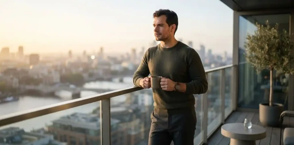 Independent man walking confidently through city