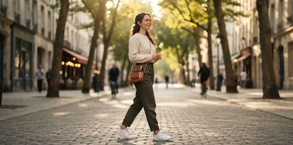Woman walking confidently through a quiet street