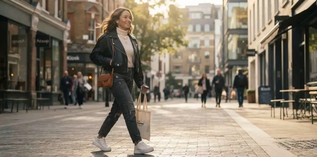 Confident woman exploring a modern city