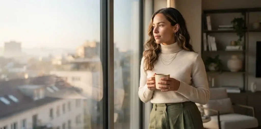 Woman reflecting confidently beside a sunlit window