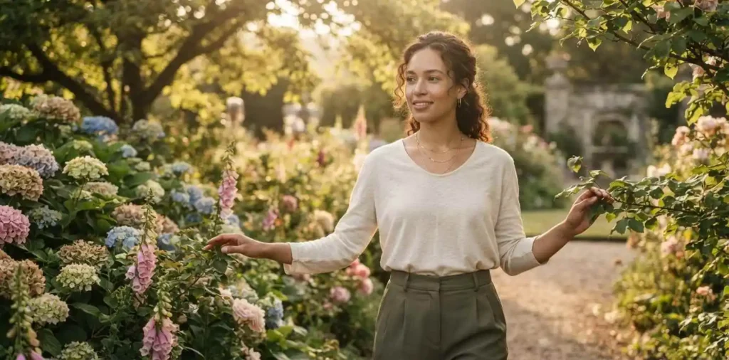 Confident woman standing in golden sunlight