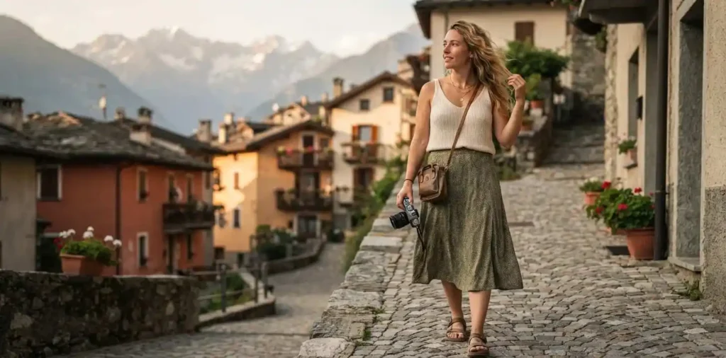 Traveler exploring a scenic mountain village