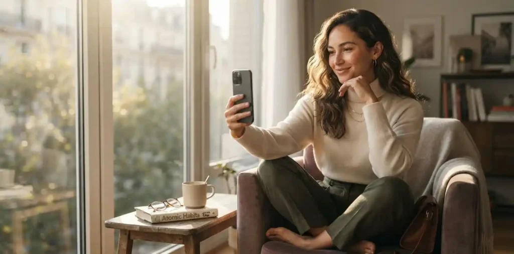Woman smiling while taking a positive selfie