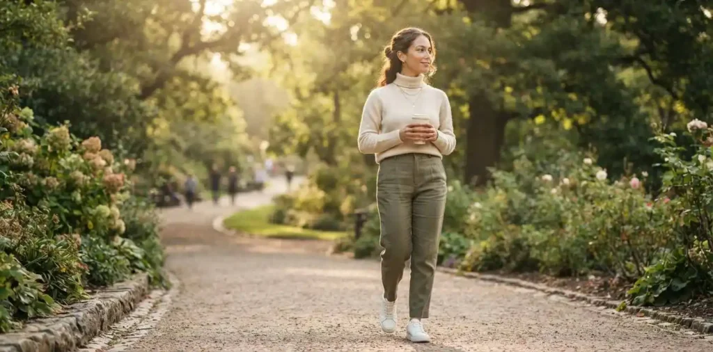 Woman walking confidently through a sunlit park