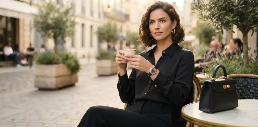 Woman displaying elegant jewelry beside a luxury handbag