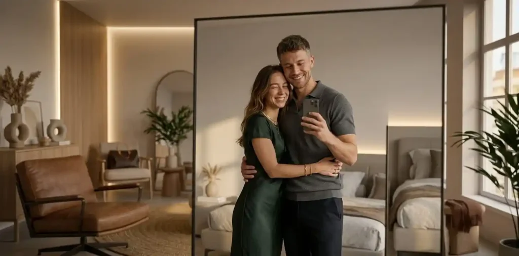 Couple smiling together in mirror selfie