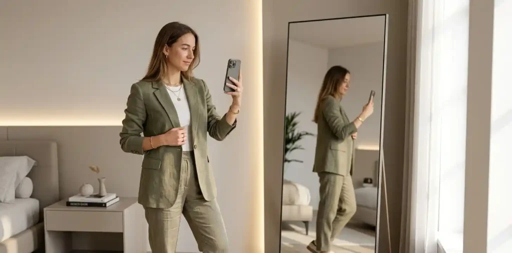 Stylish woman posing before bedroom mirror