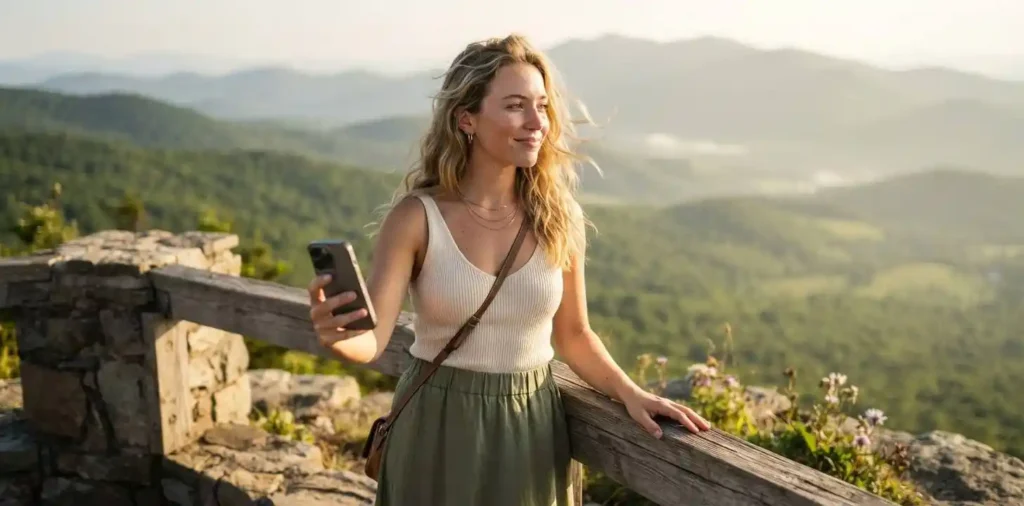 Woman taking selfie overlooking a mountain landscape