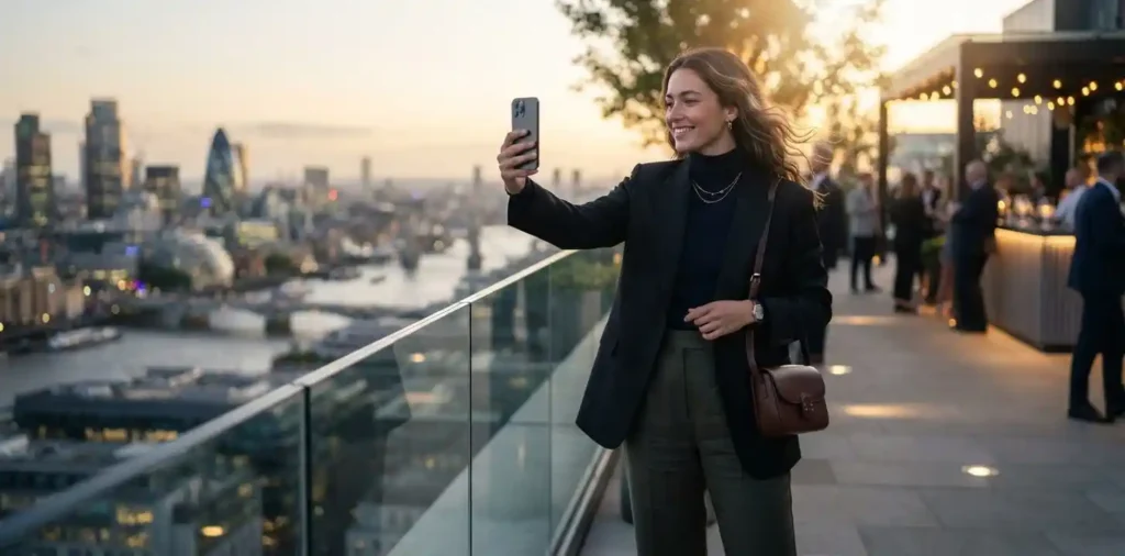 Woman taking a selfie under evening city lights