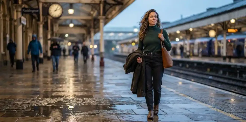 Woman standing strong during a rainy evening