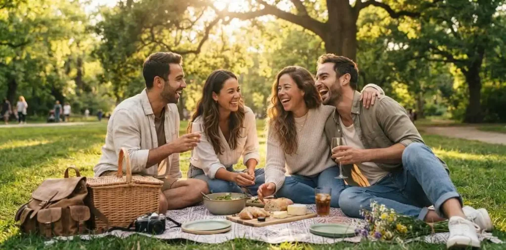 Friends smiling together during a joyful picnic