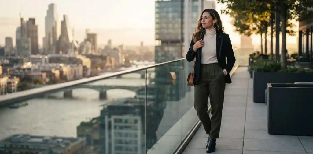 Confident woman enjoying an elegant rooftop evening