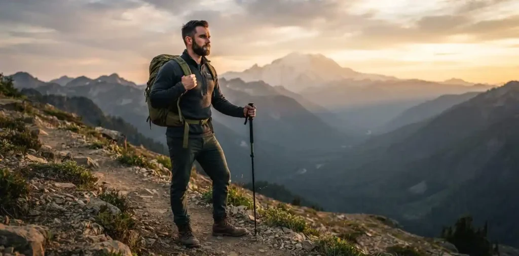 Man hiking alone across mountain landscape