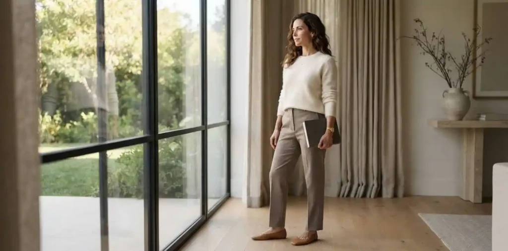 Woman in a neutral minimalist outfit inside an elegant home