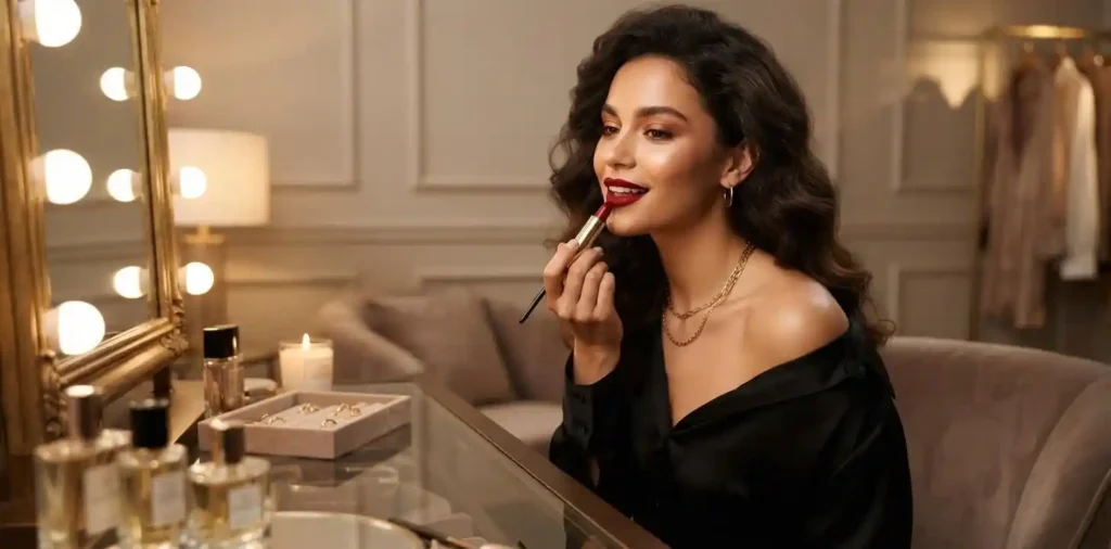 Stylish woman applying red lipstick before an evening outing
