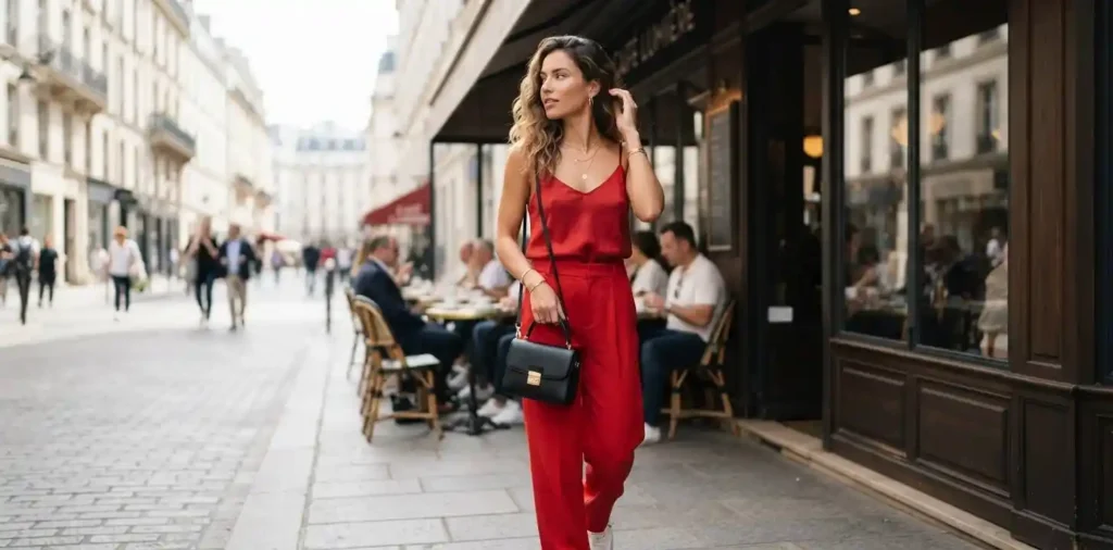 Woman wearing a stylish red outfit outdoors