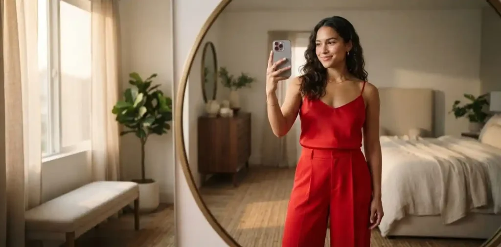 Woman taking a selfie in a red outfit