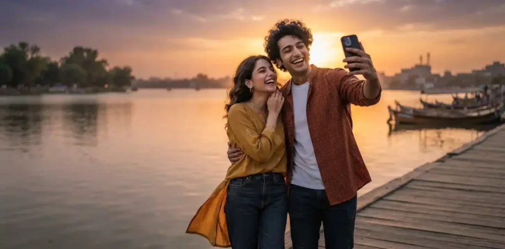 Couple sharing a romantic selfie at sunset