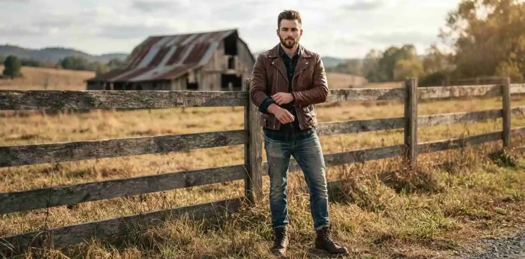 Man wearing rugged denim outfit in rocky terrain