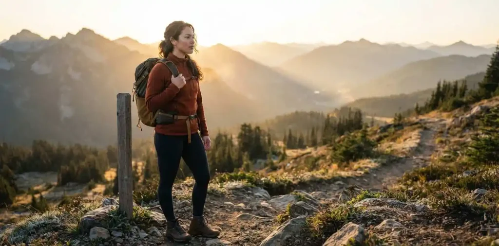 Woman reflecting peacefully beside a mountain trail